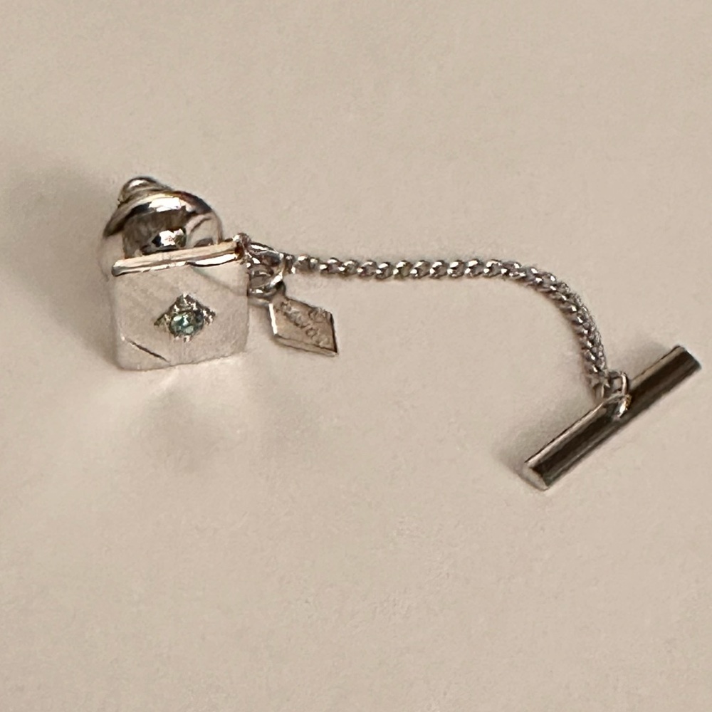 Elegant Silver Tone Squared with Aqua Marine Rhinestone Tie Tack with Chain